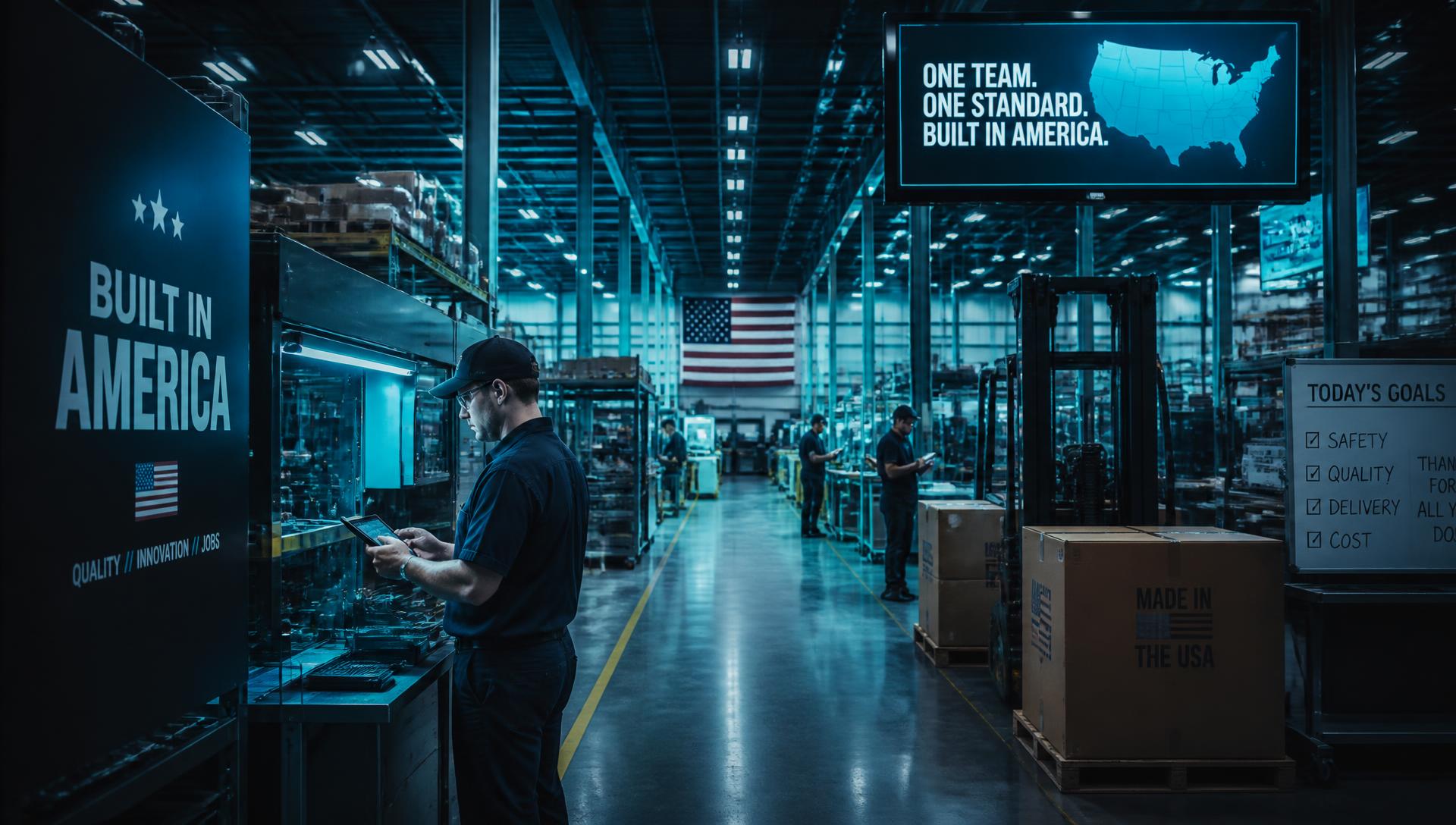 Operations team using tablets on a modern US manufacturing floor
